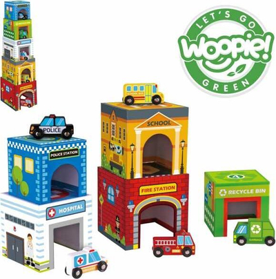 Lodër edukative piramidë me kube Woopie City Vehicles, me automjete druri, 12m+
