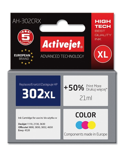 Ngjyrë për printer Activejet AH-302CRX (zëvendësim për HP 302XL F6U67AE), 21 ml, e kaltër / vjollcë /  e verdhë