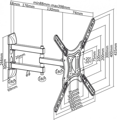 Mbajtëse TV-je për mur Cabletech LPA51-443, 23'' - 55'', e zezë