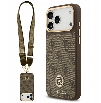 Këllëf telefoni Guess 4G Rhinestone Logo Big Strap për iPhone 17 Pro Max, MagSafe, kafe