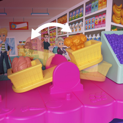 Set lodrash Polly Pocket Pollyville Fresh Market, 2 kukulla mikro, 12 aksesorë, shumëngjyrësh
