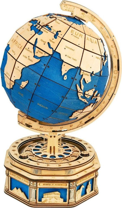Дрвен 3D пиел Robotime The Globe, ротирачки глобус, модел со таен фиока, природно сина