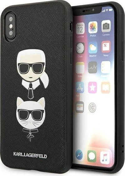 Kapak telefoni Karl Lagerfeld KLHCPXSAKICKCBK për iPhone X / XS, hardcase Saffiano Ikonik Karl dhe Choupette, i zi