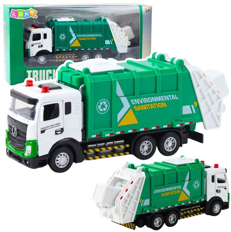 Lodër kamion plehrash Lean Toys, kabinë metalike, drita dhe tinguj, i gjelbër