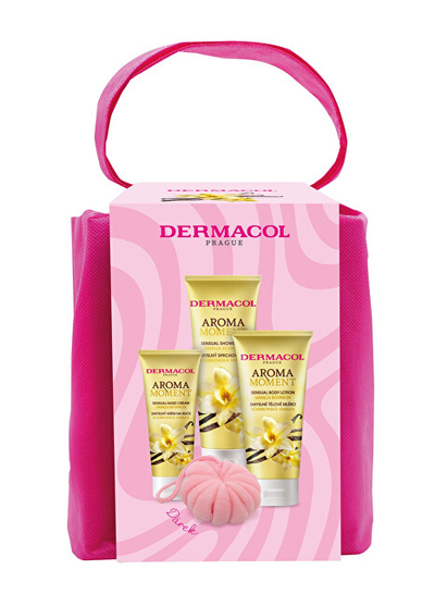 Set Dermacol Aroma Moment Bourbon Vanilla, xhel dushi, 250 ml + losion trupi, 200 ml + krem për duar, 100 ml + sfungjer