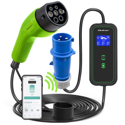 Karikues mobil për makinë elektrike Qoltec Type2, rregullim intensiteti, 2‑në‑1, jeshil