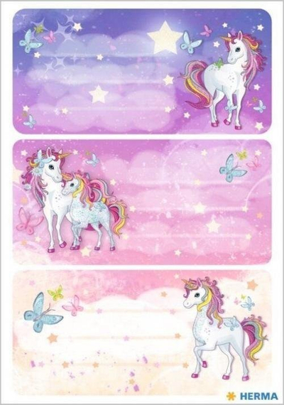 Etiketa shkolle HERMA Unicorn Best Friends, 10 copë, me shkëlqim, shumëngjyrëshe