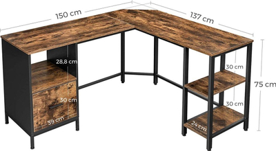 Tavolinë kënd kompjutri Corner Loft, në formë L, me dollap edhe rafte, dru rustic i errët