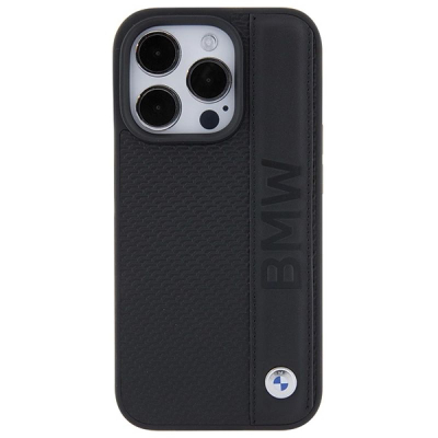 Kapak telefoni BMW Leather Textured Stripe për iPhone 15 Pro 6.1", lëkurë, i zi