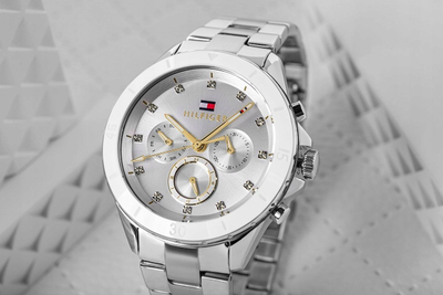 Orë dore Tommy Hilfiger Mellie 1782707, kronograf, çelik inoks, e bardhë me argjend