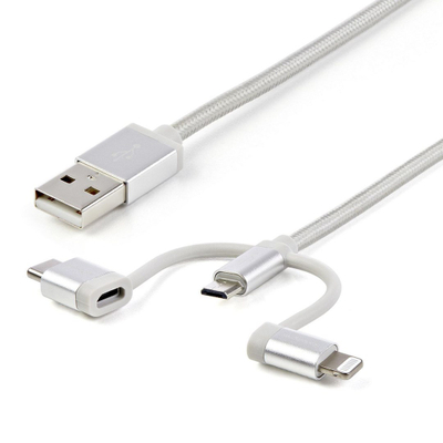 Kabllo karikimi StarTech 3 në 1, USB A në Micro USB USB C Lightning, 1m, ngjyrë argjendtë
