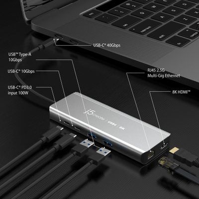 Hub USB4 J5create JCD403, multiport 8K, PD 100W, gri