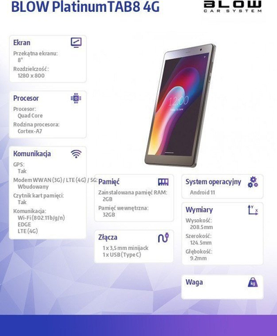 Tablet BLOW PlatinumTAB8, 8", 4G, 2GB 32GB, i zi