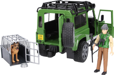 Set lodrash Bruder 02587 Land Rover Defender, makinë terreni me roje pylli dhe qen, jeshile