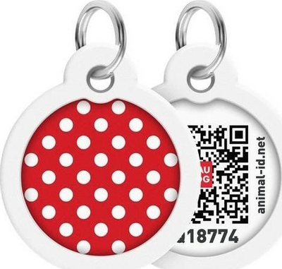 Medaljon identifikimi ID Tag, me QR kod, për qen edhe mace, i kuq me pika të bardha