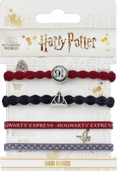 Set llastikësh flokësh Harry Potter The Carat Shop, Platform 9 3/4 edhe Deathly Hallows, 4 copë, të kuqe, gri edhe të zeza