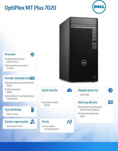 Kompjuter tavoline Dell OptiPlex Plus MT, Core i7-14700, 16GB RAM, 512GB SSD, i zi