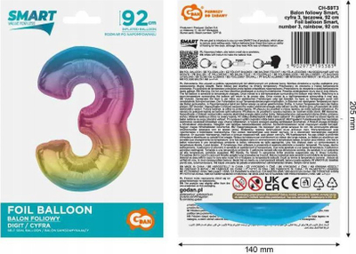 Balonë numri 3 Rainbow Colorful, folie, 92 cm, shumëngjyrëshe