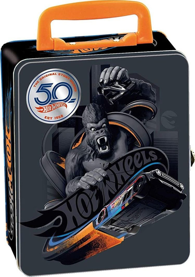 Метална кутија за чување Theo Klein Hot Wheels 2881, до 50 играчки автомобили, практична рачка, црна