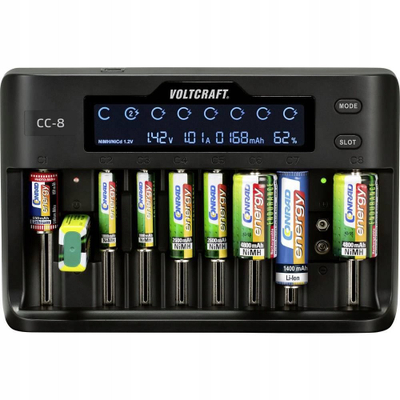 Karikues baterish VOLTCRAFT CC-8, LiIon LiFePO NiMH NiCd, multi-slot, gri