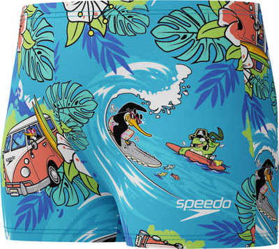 Костим за капење за момчиња Speedo Learn to Swim Aquashort, отпорен на хлор, со принт, сино