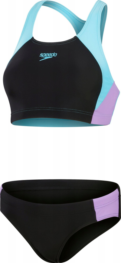 Bikini me dy pjesë Speedo Colourblock Splice për goca, sportiv, i zi me vjollcë edhe blu