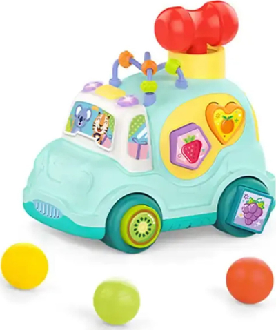 Lodër sorter muzikor Woopie Montessori, formë makine, me çekan dhe blloqe, shumëngjyrëshe
