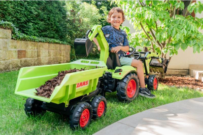 Traktor lodër Falk Claas Arion 430, për hipur me pedale, me rimorkio dhe ngarkues, i gjelbër