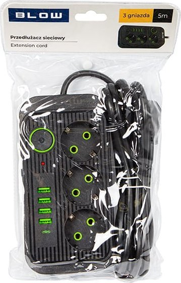 Zgjatës elektrik Blow PS-350U, 3 priza, 4x USB 1x USB-C, 5 m, i zi