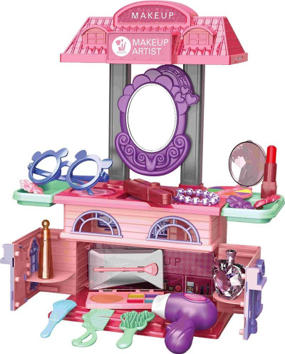 Играчка масичка за шминкање House 2in1, со огледало, сет додатоци, розово-виолетова