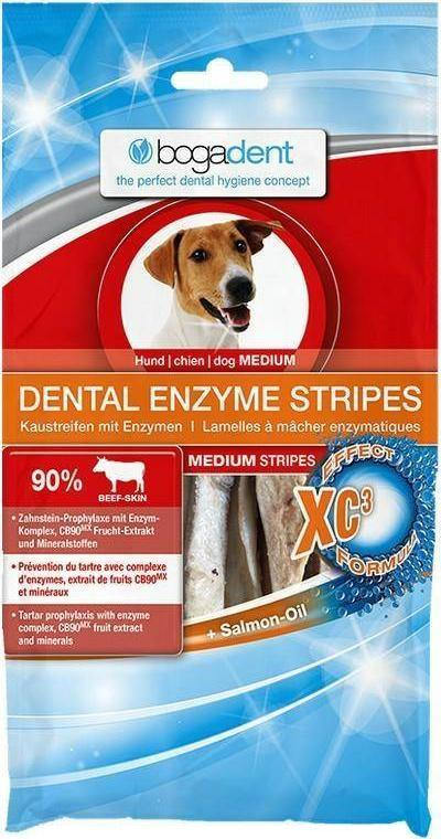 Shkopinj për dhëmbët e qenit Bogadent Dental Enzyme Stripes Medium, kundër pllakit dhe gurëve në dhëmbë, 100 g