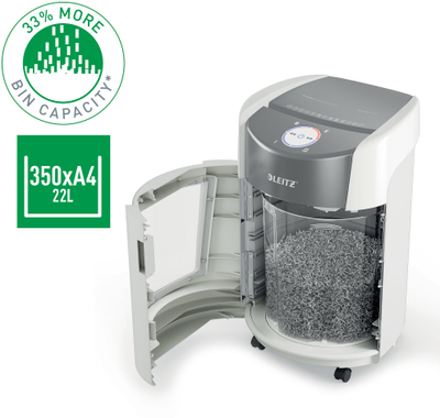 Makinë shkatërruese dokumentesh Leitz IQ OptiMax 350, P5, 22L, e bardhë