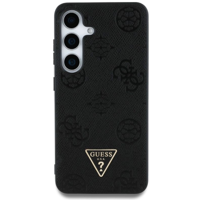 Mbrojtëse telefoni Guess Peony Triangle Logo MagSafe për Samsung Galaxy S25, lëkurë eko, e zezë