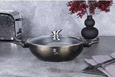 Tigan Wok Shiny Black Edition, 30 cm, sipërfaqe mermeri, me kapak, i zi me shkëlqim