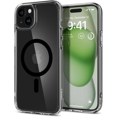 Kapak telefoni Spigen Ultra Hybrid Mag, për iPhone 15 Plus 6.7", MagSafe, transparent me të zezë