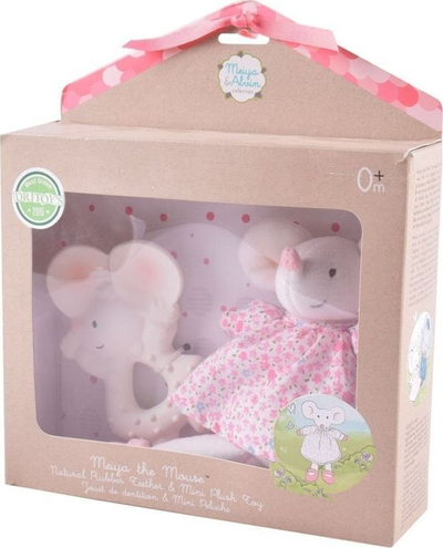Set Meiya & Alvin Mouse Organic Babyshower dhëmbëzues + lodër e butë, 2 copë