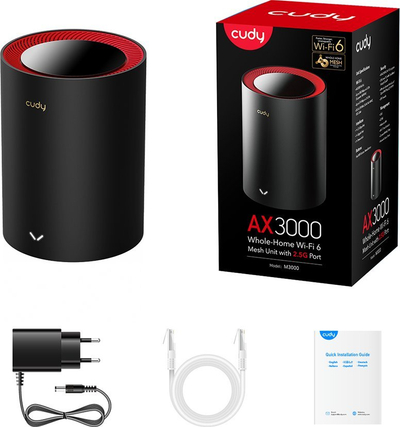 Ruter mesh Cudy M3000, Wi‑Fi 6 dual-band, porta WAN 2.5Gbps, i zi me të kuqe