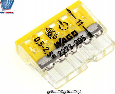 Klemë lidhëse WAGO 2273, 5 pola, 0.5-2.5 mm², transparente e verdhë