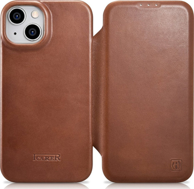 Kapak lëkure iCarer Oil Wax Premium Folio për iPhone 14 Plus, me MagSafe, kafe