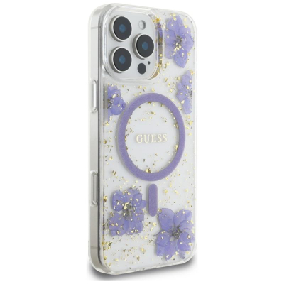 Футрола за телефон Guess Resin Flowers MagSafe за iPhone 16 Pro, проѕирна, виолетова