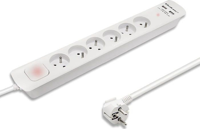 Shtekër zgjatues Qoltec me mbrojtje nga goditjet e tensionit, 6 dalje, 2x USB, kabllo 1.8m, i bardhë