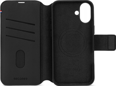 Këllëf portofol Decoded Leather Detachable për iPhone 16, lëkurë, i zi