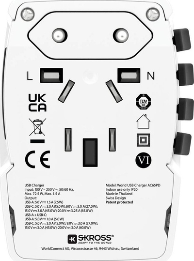 Karikues udhëtimi Skross 1302333, 2x USB, universal 220+ vende, i bardhë