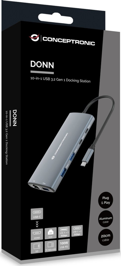 Docking station CONCEPTRONIC DONN06G, 10 me 1, USB 3.2 Gen 1, HDMI, USB-C PD 100W, gri