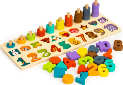Дрвена едукативна играчка Ecotoys Abacus 3in1, броеви и форми, шаренолика