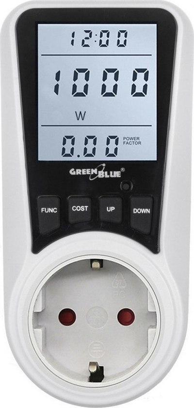 Matës konsumimi energjie GreenBlue GB350F, prizë Schuko, ekran digjital, i bardhë