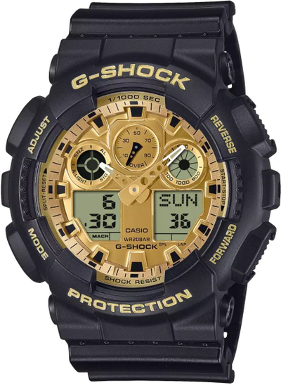 Orë Casio G-Shock GA-100GGB-1A9ER, kronograf, 20 bar, e zezë me ari