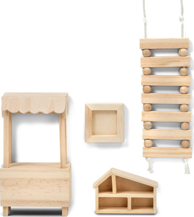 Set DIY aksesorë për shpinë e kukullave Lundby, dru natyral, 4 pjesë, ngjyrë natyrale