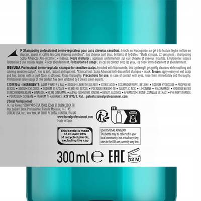Shampo L'Oréal Professionnel Serie Expert Scalp Advanced Anti-Discomfort, për lëkurë koke të ndjeshme, 300 ml, transparente