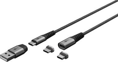 Kabllo magnetike 2n1 USB tekstil, USB C në USB C USB A, 1 m, gri metalike